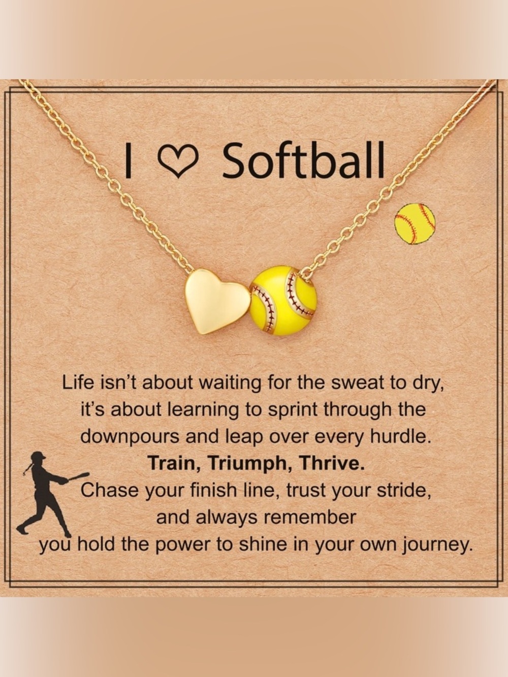 Gold plated Heart and Yellow Softball Pendant Necklace